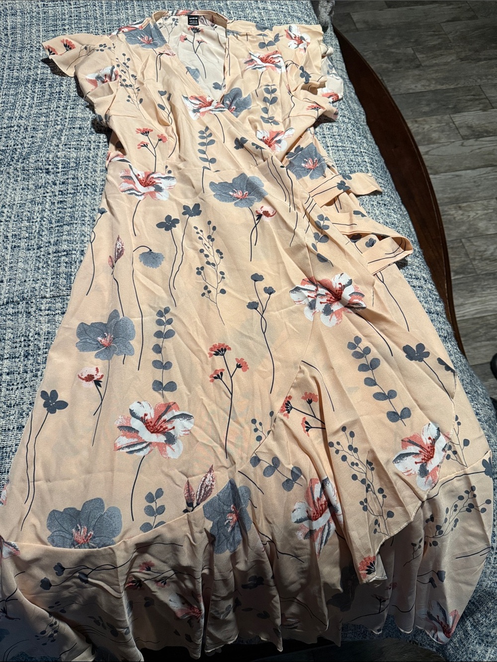 SHEIN Peach Floral Wrap Midi Dress with Blue & Red Blooms